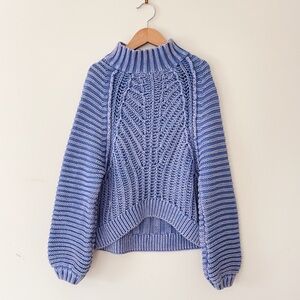 FREE PEOPLE Periwinkle Mock Neck Chunky Knit High Low Balloon Sleeve Sweater